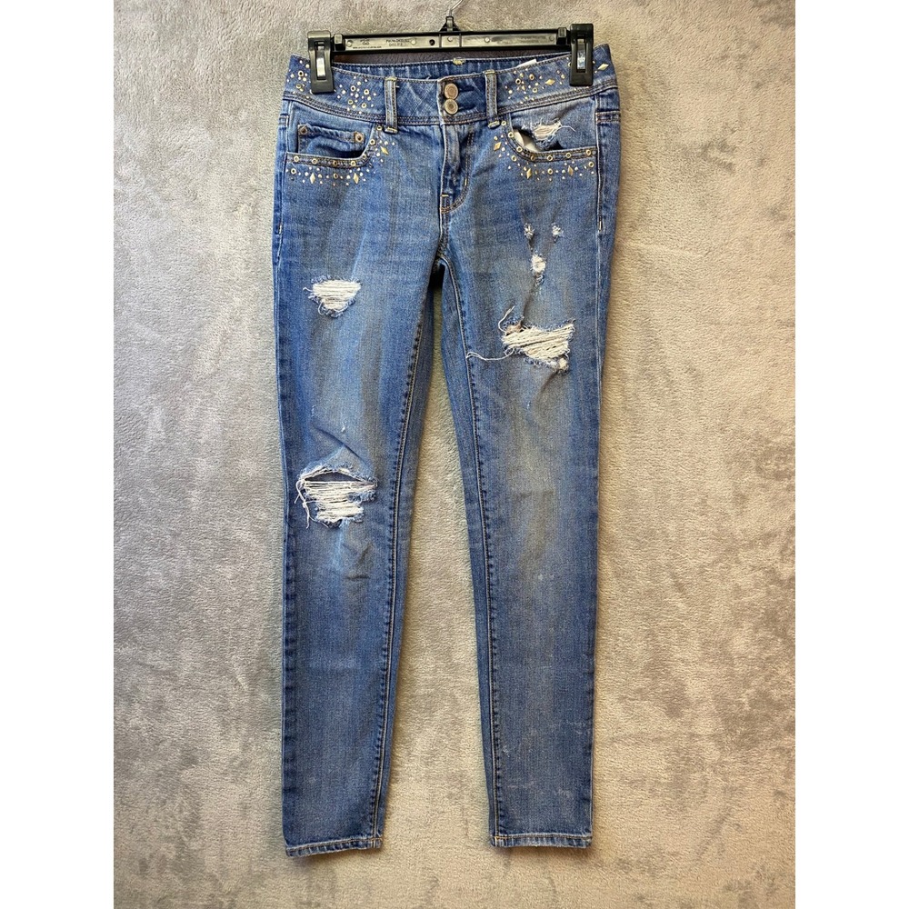 American Eagle Studded Distressed Skinny Jeans Blue Denim Size 0